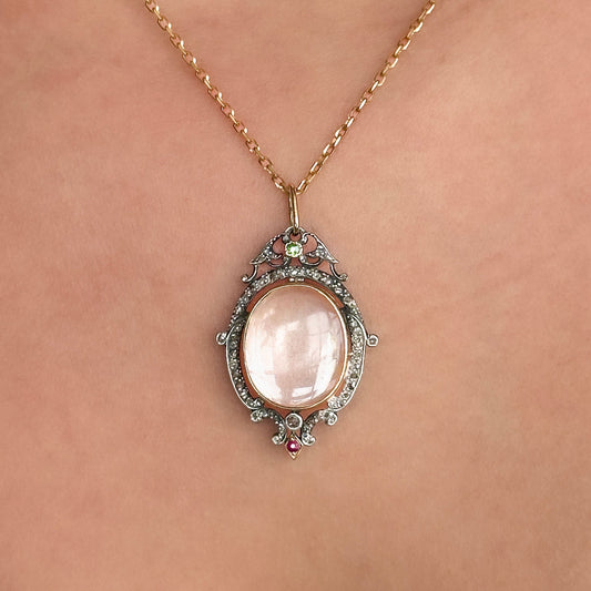 Victorian Antique Rock Crystal and Rose Cut Diamond Cluster Locket Pendant with Emerald and Ruby