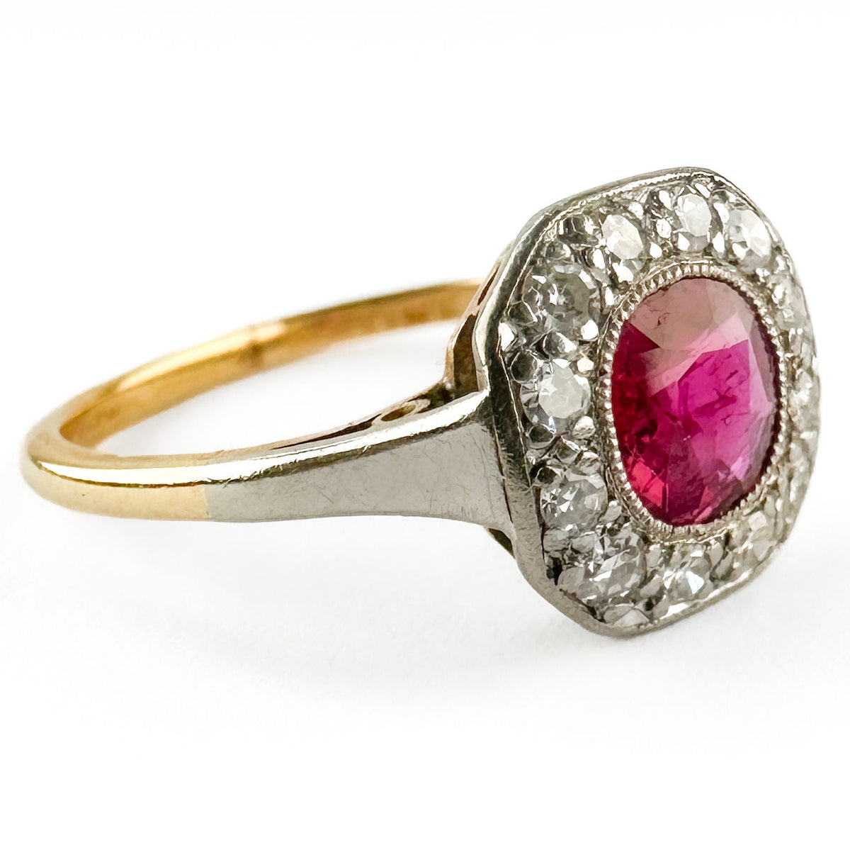 Edwardian 18 Carat Gold, Platinum, Burma Ruby and Diamond Cluster Ring, 0.80 Carat