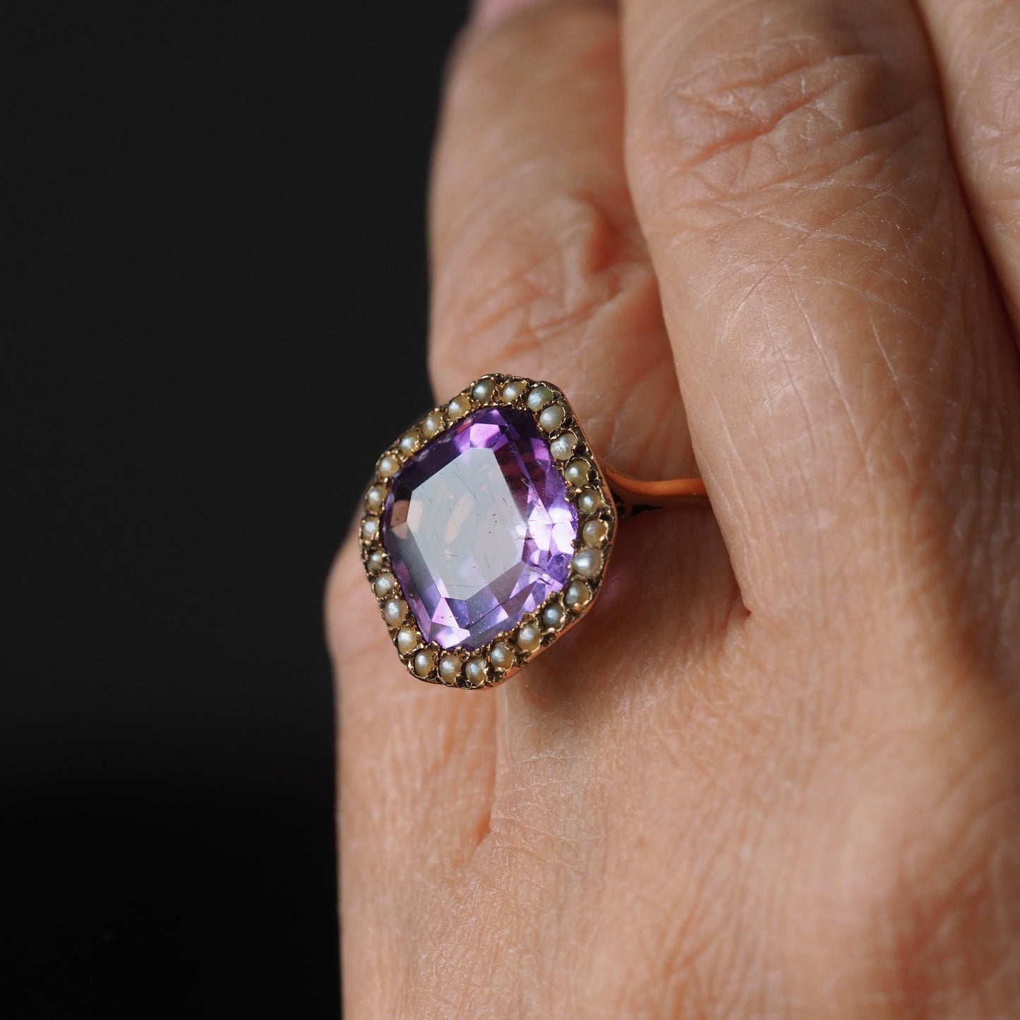Antique Edwardian 18K Gold Amethyst & Pearl Ring Emerald Cut - c.1900