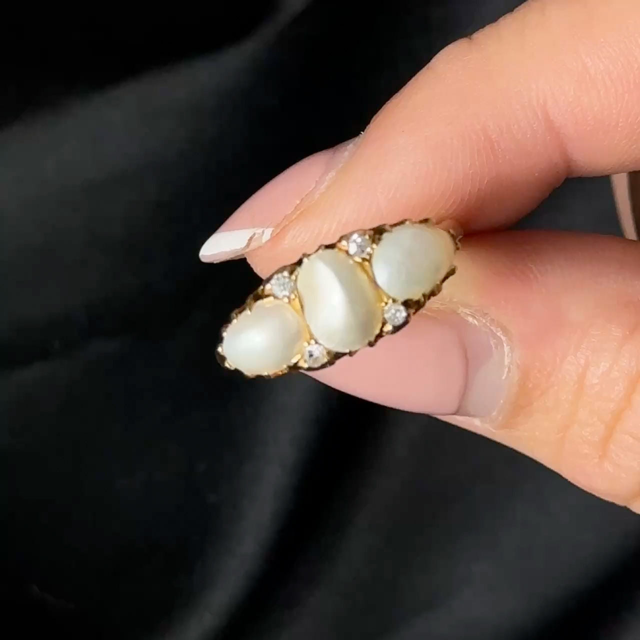 Victorian Antique Natural Pearl Three Stone Ring with Diamonds