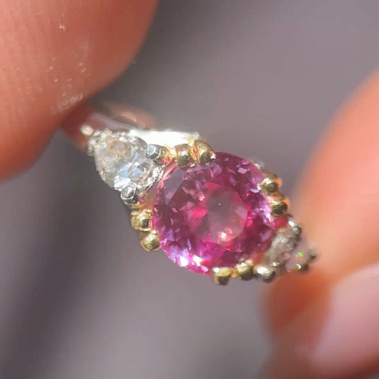 Vintage 2.5ct Pink Sapphire and Diamond Three Stone Engagement Ring