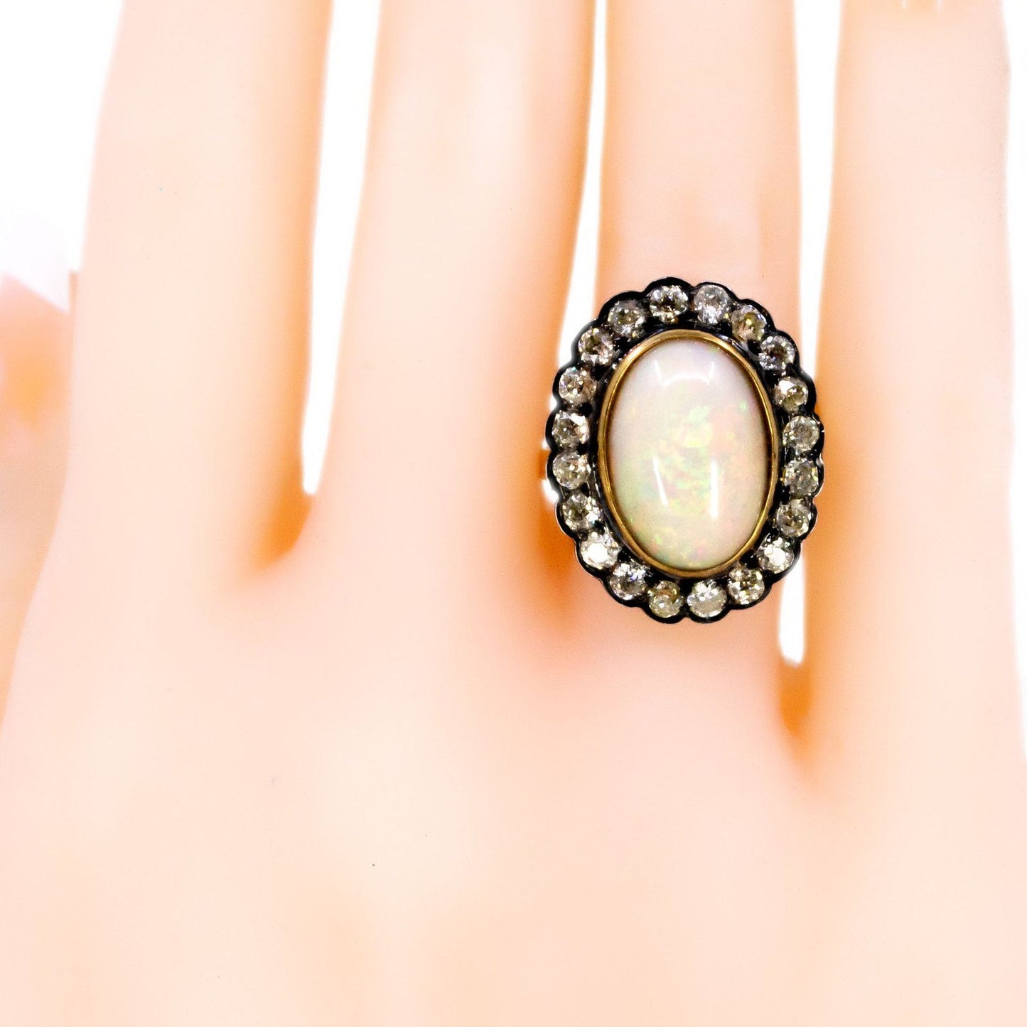 Vintage 14 Carat Yellow Gold, Silver, Opal and Diamond Oval Cluster Ring