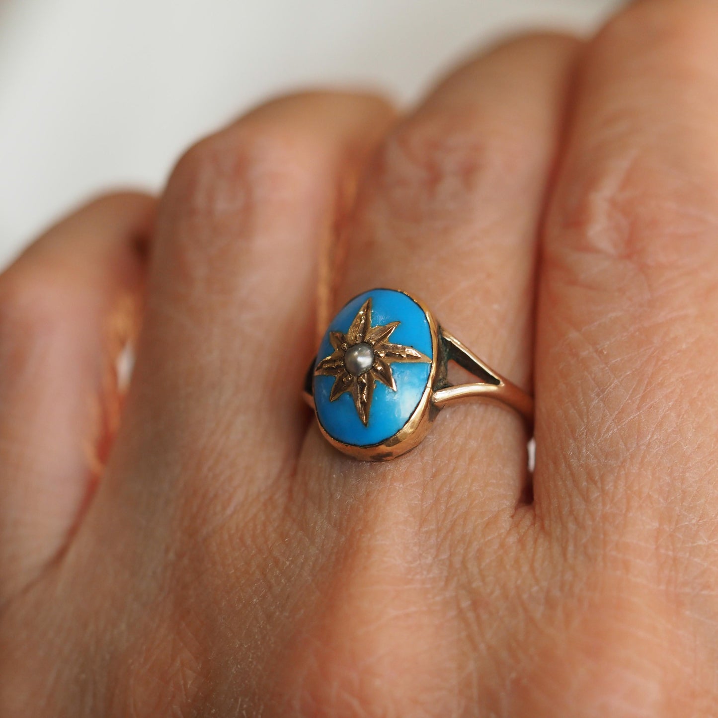 Antique Victorian Blue Enamel & Gold Star Pearl Ring 9K Gold - c.1880