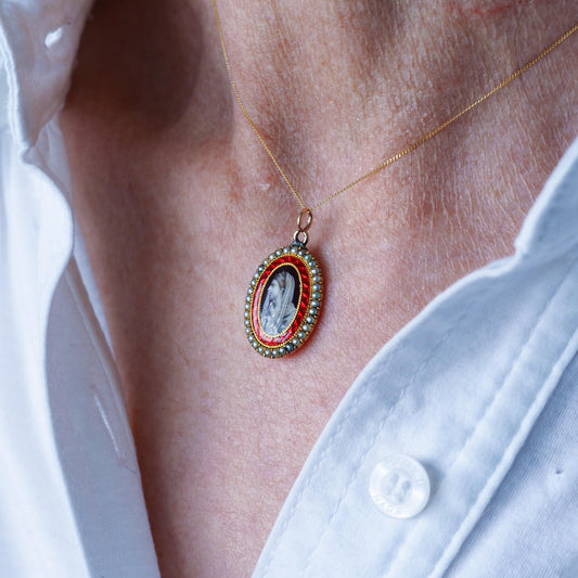 Georgian Antique Sepia Portrait Pendant Necklace with Red Enamel and Pearls, Circa 1800