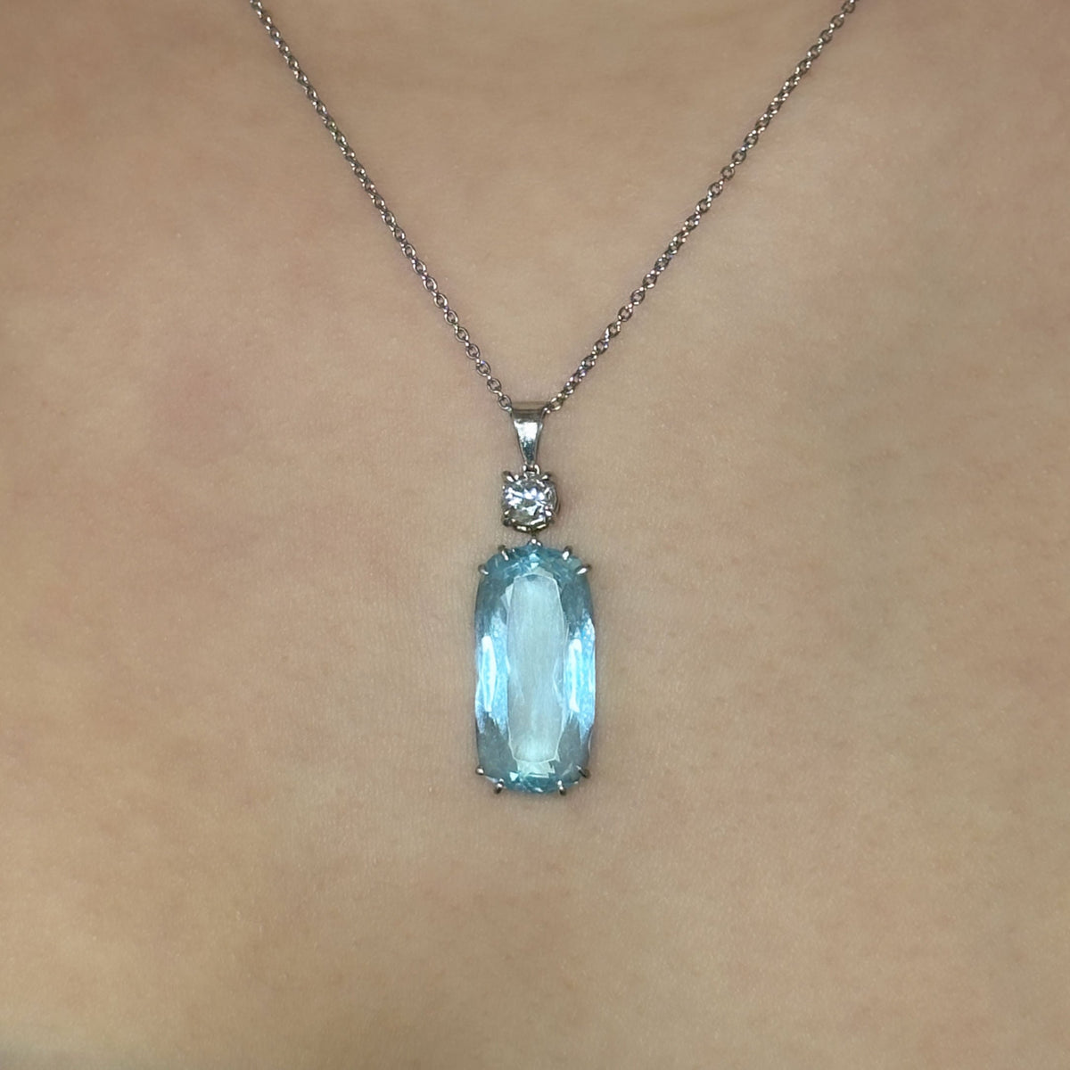Cushion Shape Aquamarine and Diamond Pendant