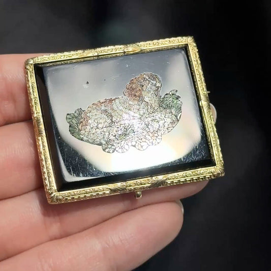 Victorian Antique King Charles Spaniel Dog Mosaic Brooch