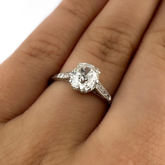 Edwardian Antique 1.52ct Single Stone Old Cushion Cut Diamond Solitaire Engagement Ring in Platinum