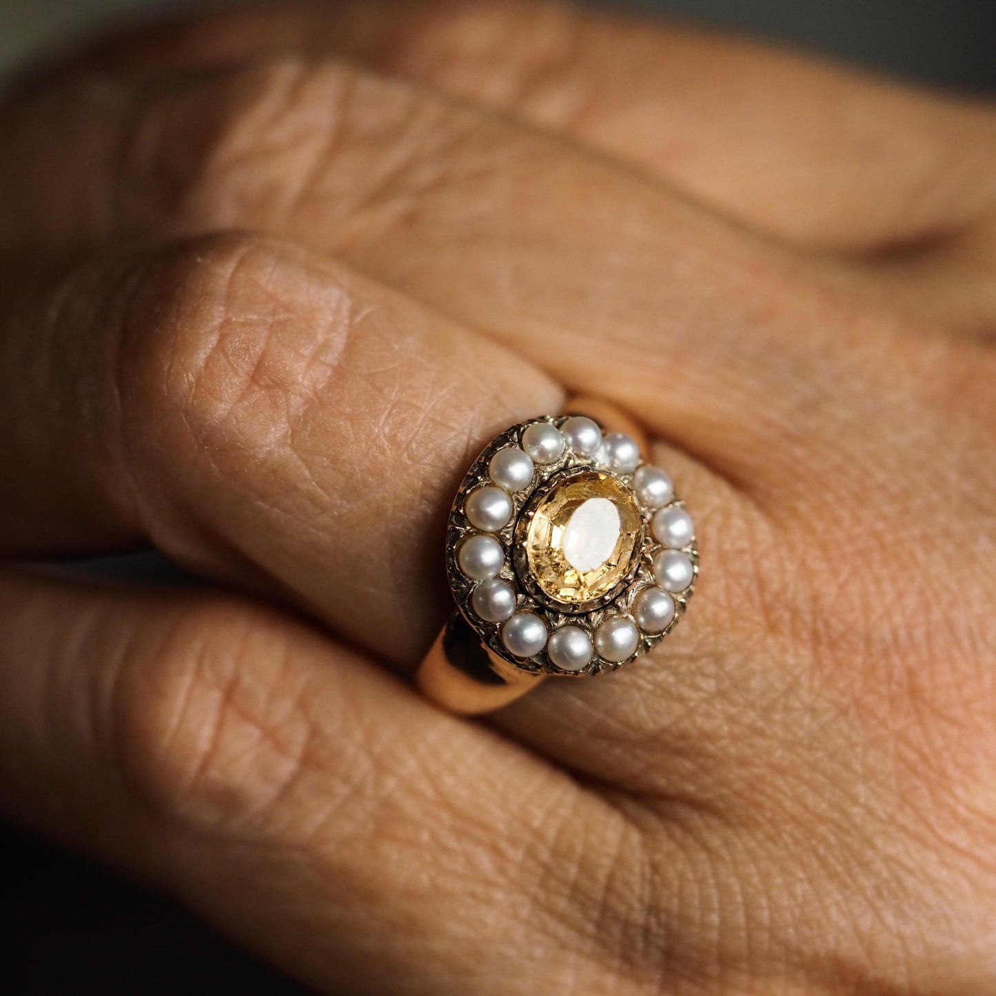 Georgian Antique Citrine and Pearl Cluster Ring
