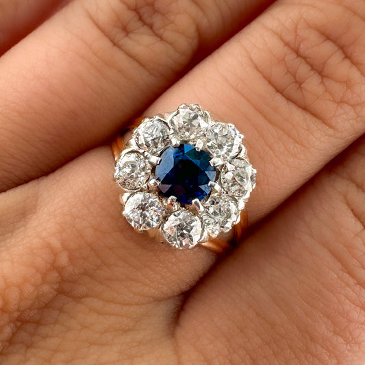Victorian Antique Ceylon Sapphire and Diamond Daisy Cluster Engagement Ring