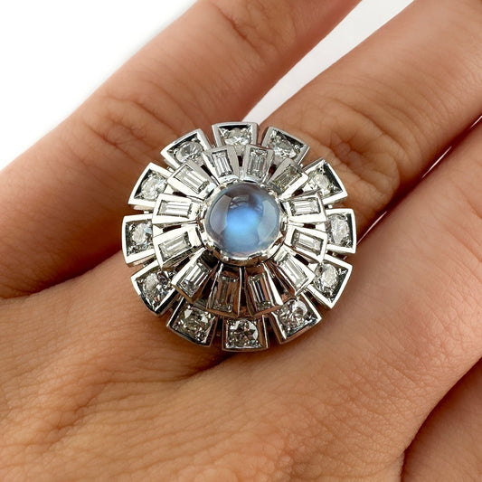 Vintage 1960s Moonstone and Diamond Cluster Cocktail Ring in Platinum