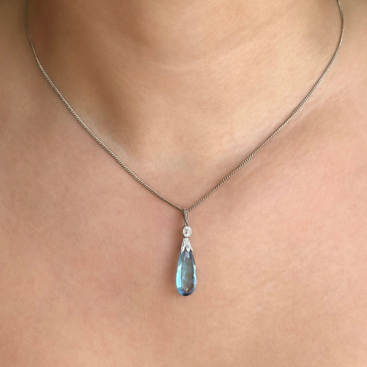 Edwardian Antique Pear Shape Briolette Cut Aquamarine and Diamond Drop Pendant With Chain