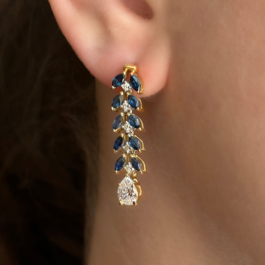 Vintage Pear Cut Diamond and Marquise Sapphire Foliate Drop Earrings