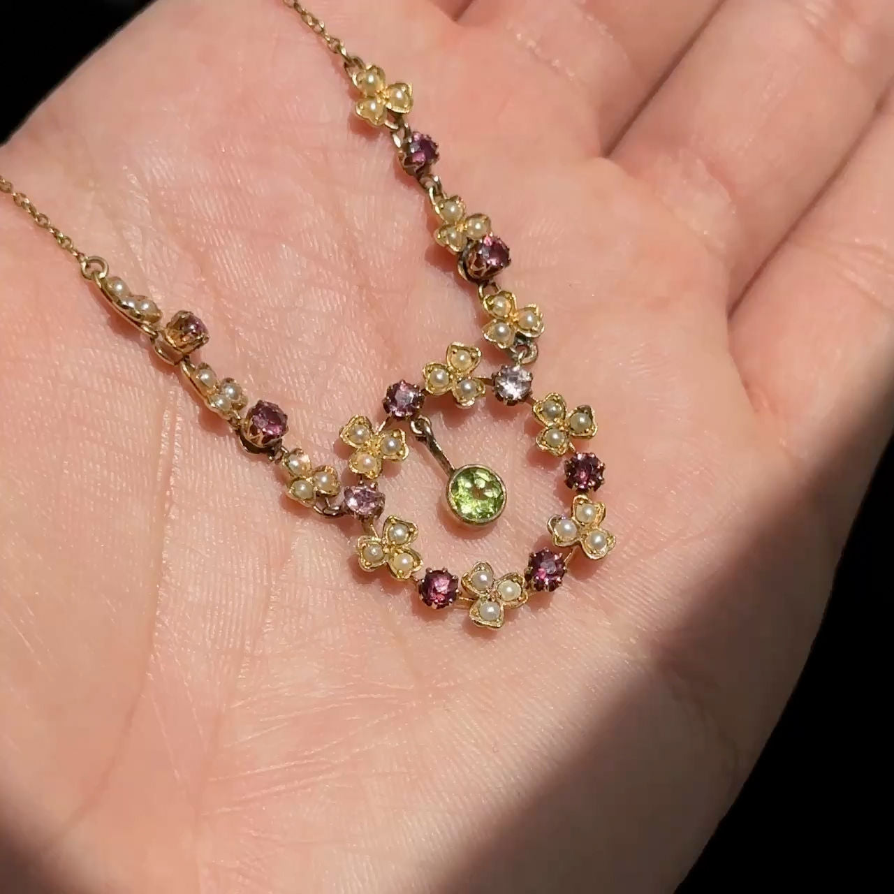 Edwardian Antique Peridot Tourmaline and Pearl Garland Festoon Necklace