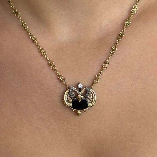 Antique French Art Nouveau Black Onyx and Diamond Pendant Necklace with Ruby