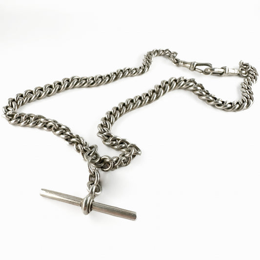 Edwardian Antique Silver Albert Chain Necklace With T-Bar