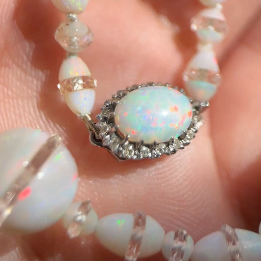 1920's Opal Bead Necklace With Diamond Clasp