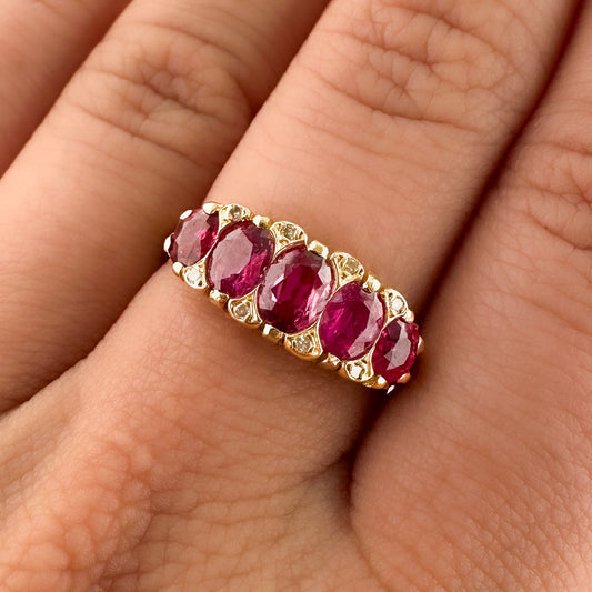 Edwardian Antique Burma Ruby Five Stone Ring in 18ct Gold