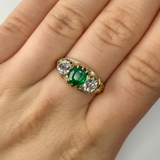 Antique Emerald Diamond 3 Stone Ring In 18 Carat Yellow Gold