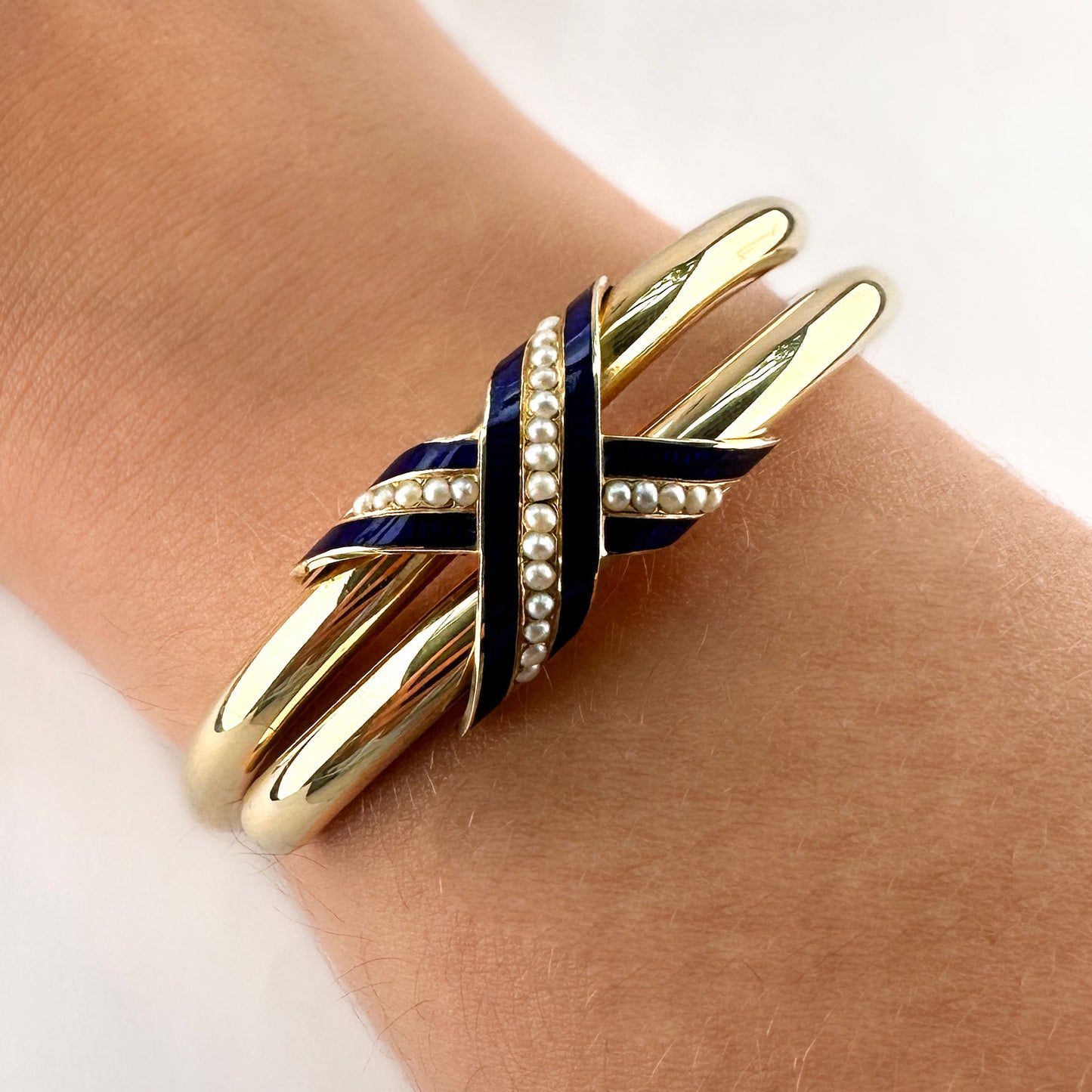 Victorian Antique Blue Enamel Pearl Gold Bangle Bracelet