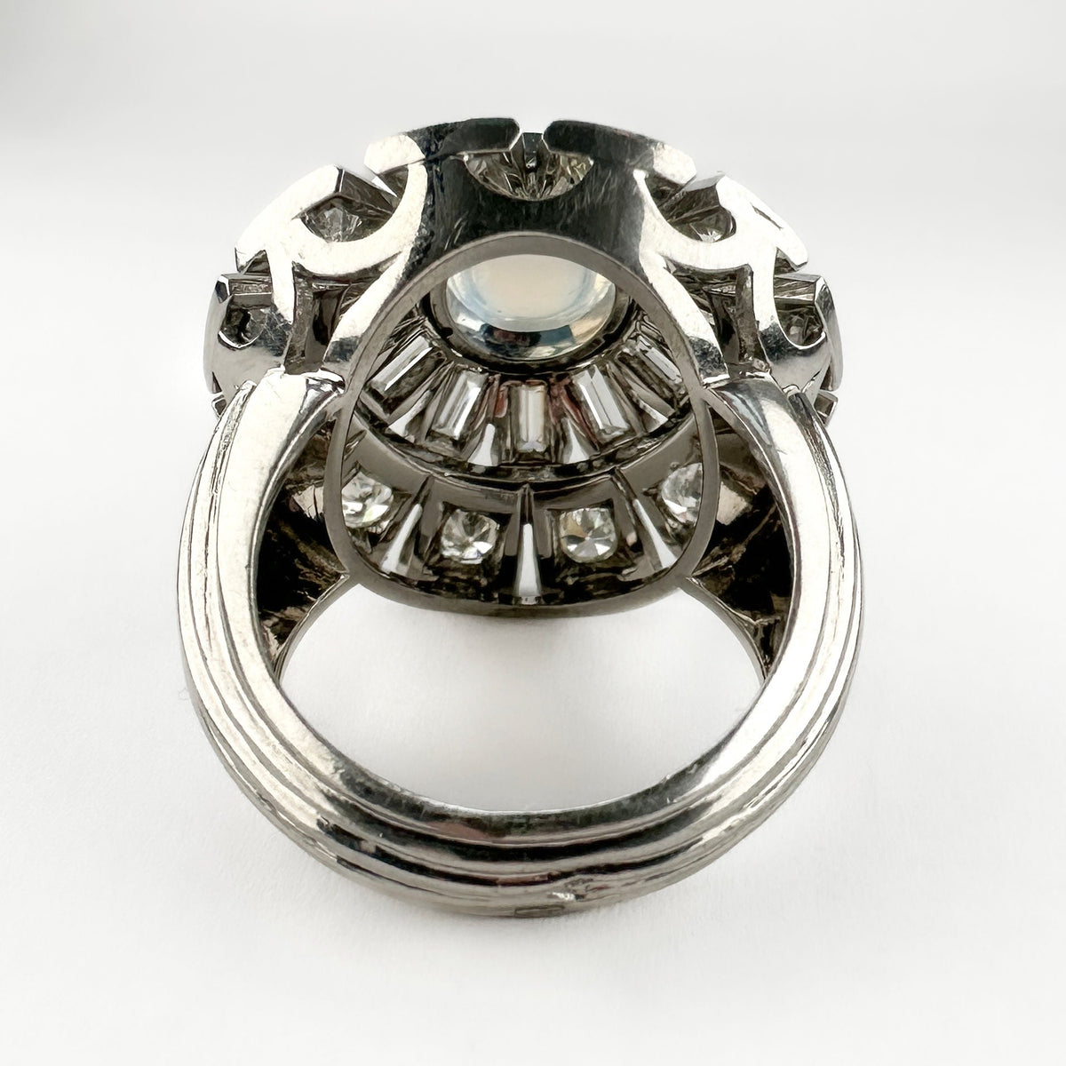 Vintage 1960s Moonstone and Diamond Cluster Cocktail Ring in Platinum