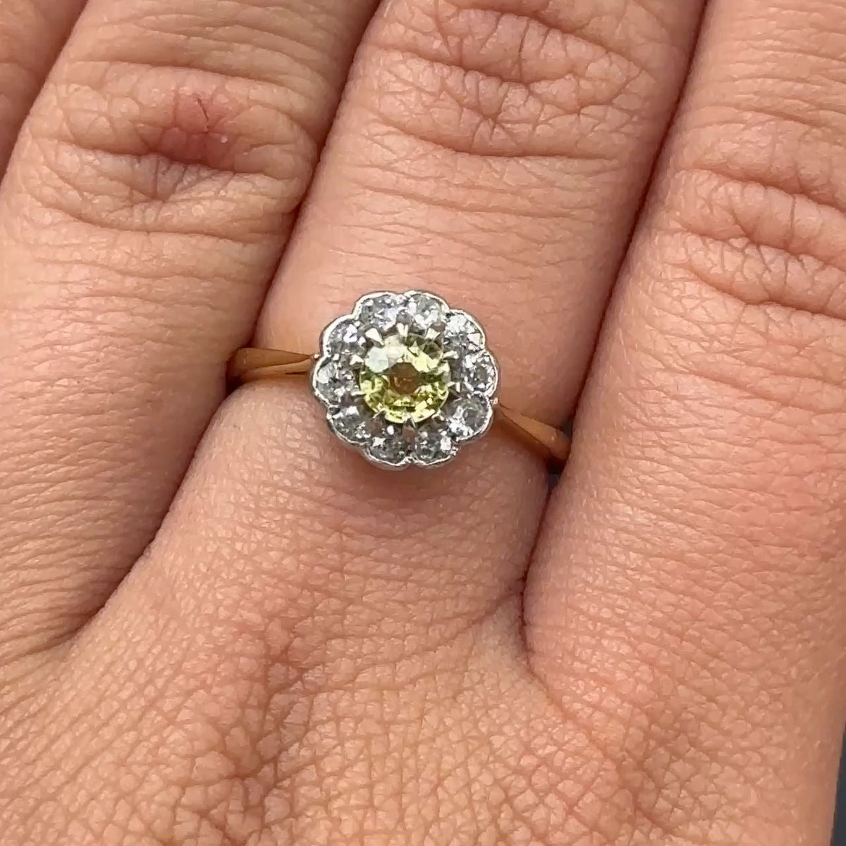 Edwardian Antique Yellow Sapphire and Old Cut Diamond Cluster Engagement Ring