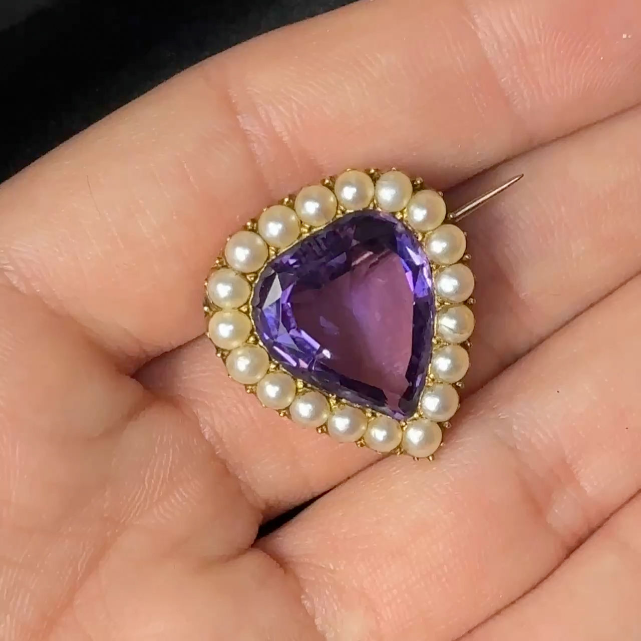 Antique Amethyst And Pearl Heart Brooch