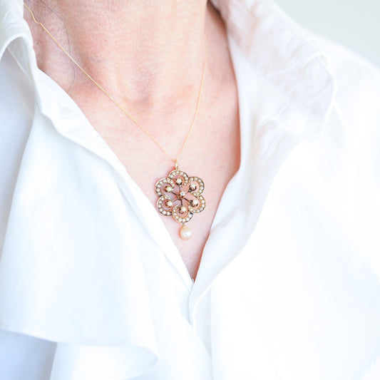 Antique Victorian Diamond & Pearl Pendant Necklace 14K Gold - c.1900