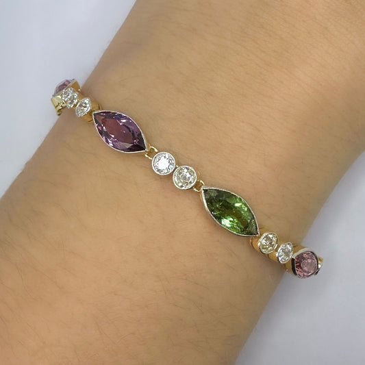 Edwardian Antique Marquise Cut Multi Gemstone and Diamond Line Bracelet
