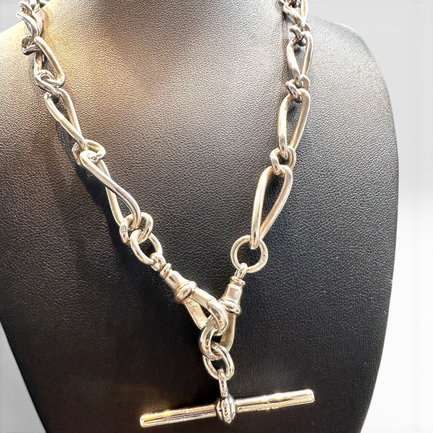Victorian Antique Trombone Link Silver Albert Chain Necklace, Circa 1892