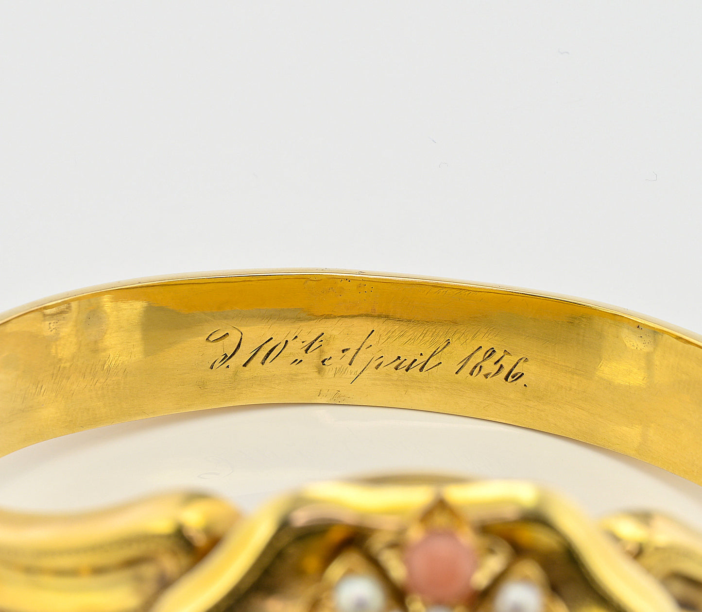 Victorian Antique Pearl Coral Diamond Gold Locket Bangle Bracelet, Circa 1856