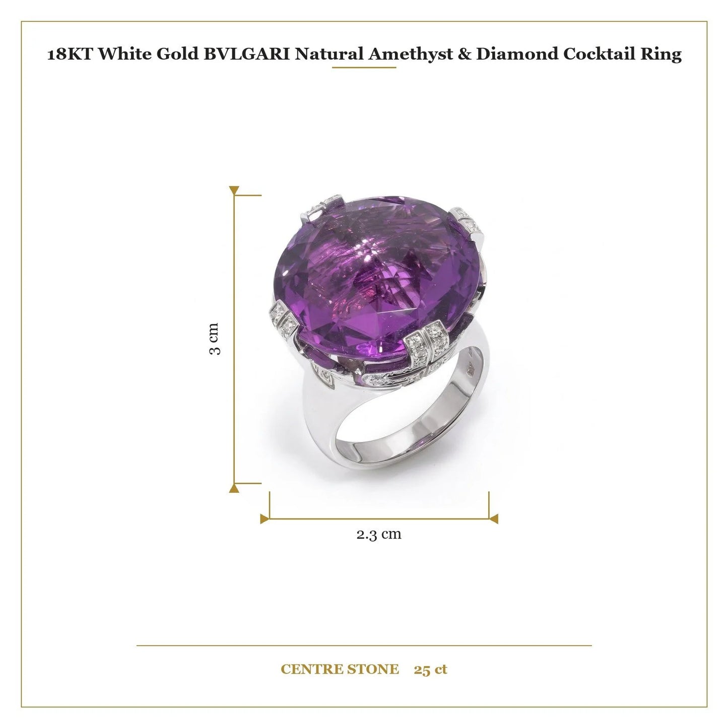 A round amethyst and diamond cocktail ring in white gold, with measurements