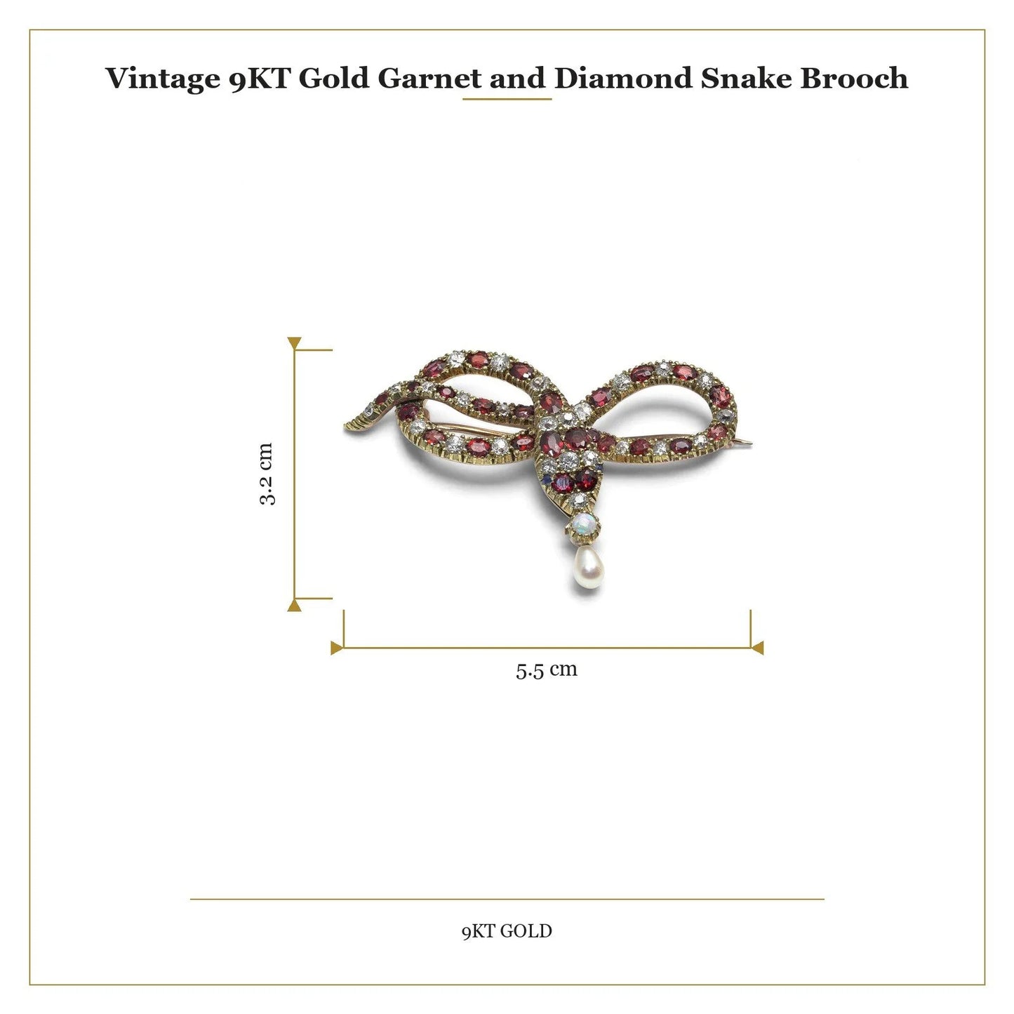 A yellow gold garnet, diamond and pearl set snake brooch, with measurements