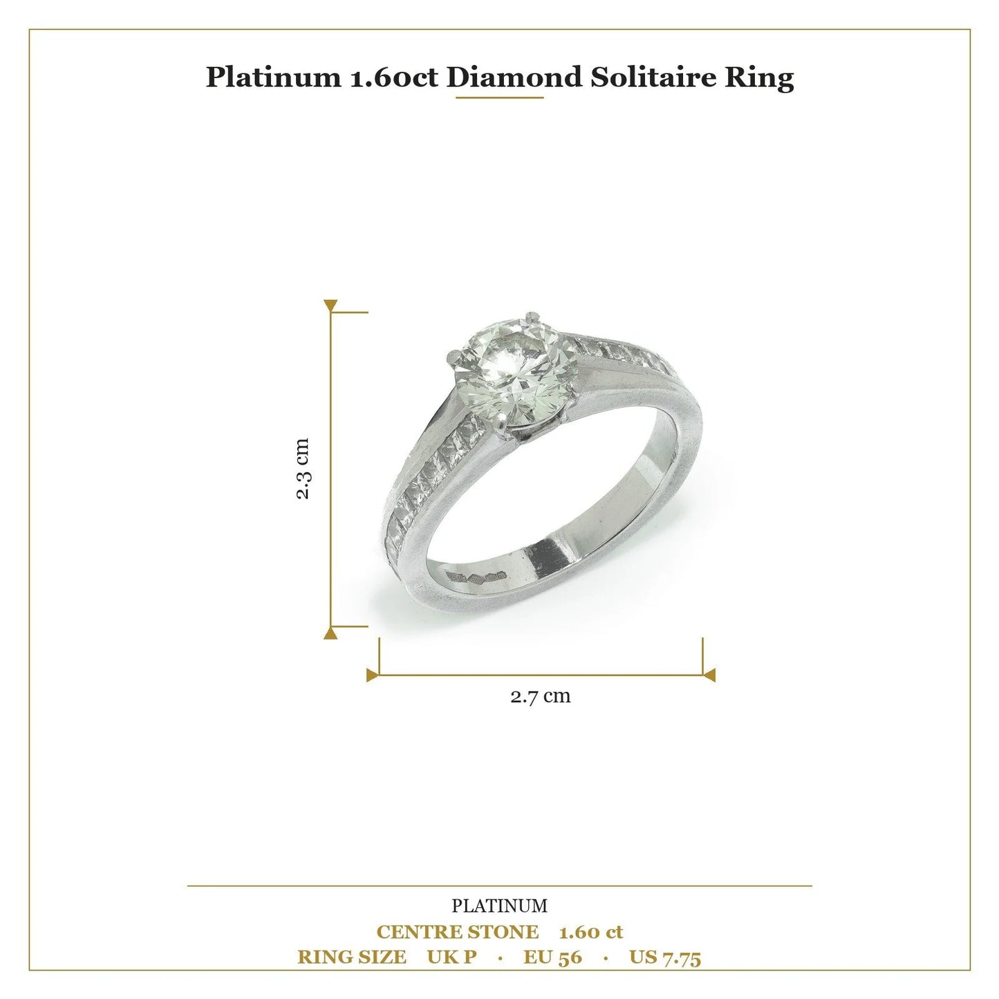 A brilliant cut diamond solitaire ring with square diamond set shoulders, in platinum, with measurements
