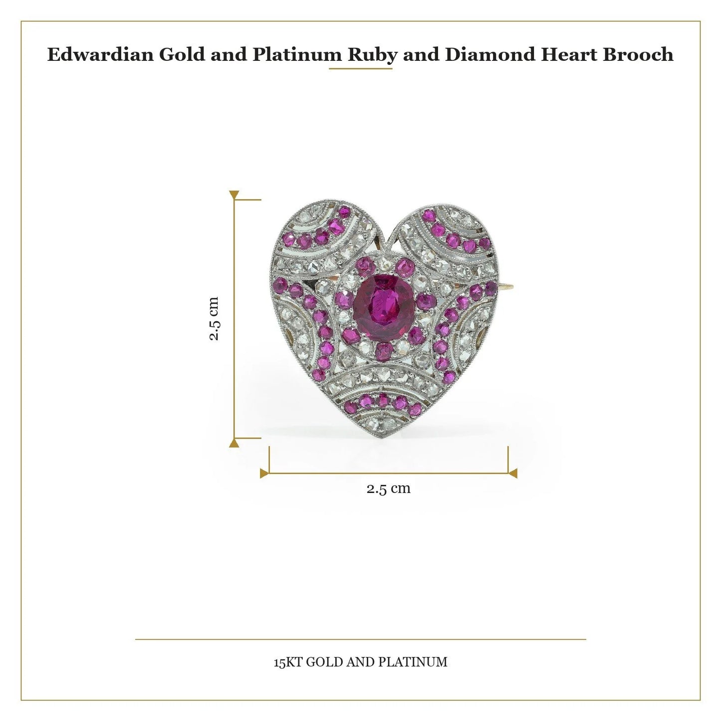 A heart shaped brooch set with rubies and diamonds, in platinum and gold with measurements