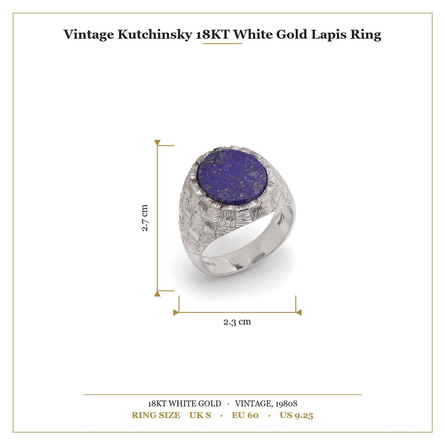 A white gold textured ring with an oval lapis lazuli, with measurements