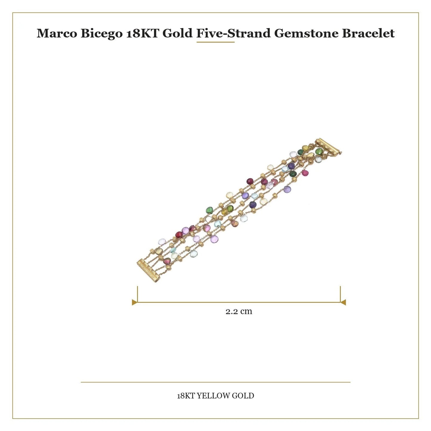 A yellow gold five row multi-gemstone bracelet, with measurements