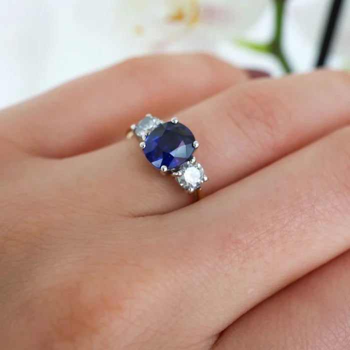 Modern 1.93ct Oval Sapphire and Diamond Trilogy Engagement Ring
