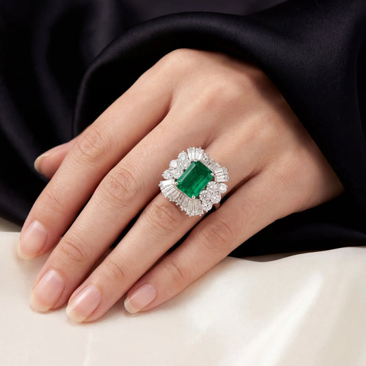 Platinum Colombian Emerald Diamond Cluster Ring