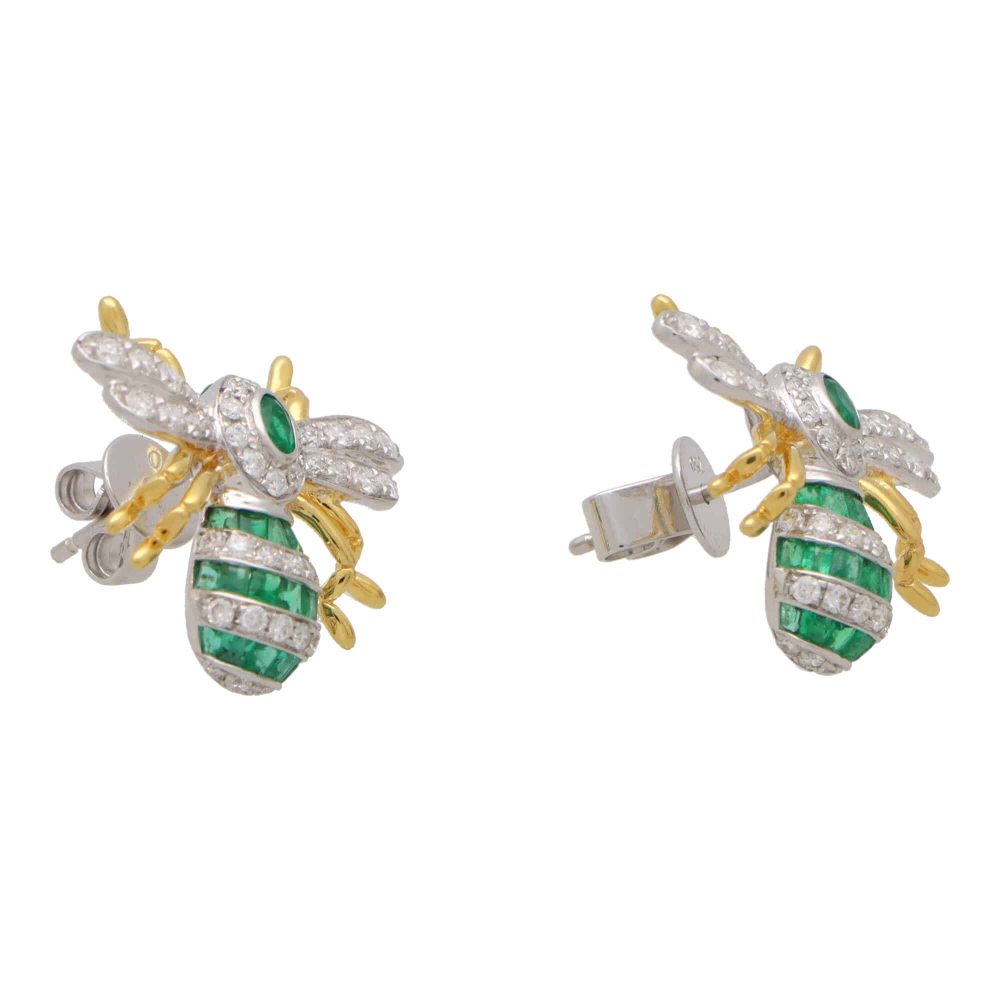 Modern Emerald and Diamond Bee Earrings