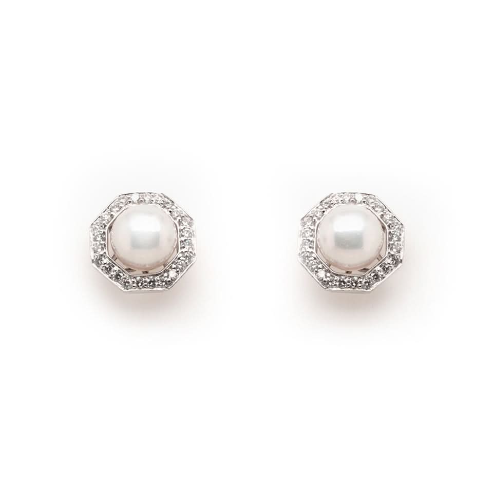 A pair of white gold pearl and diamond stud earrings