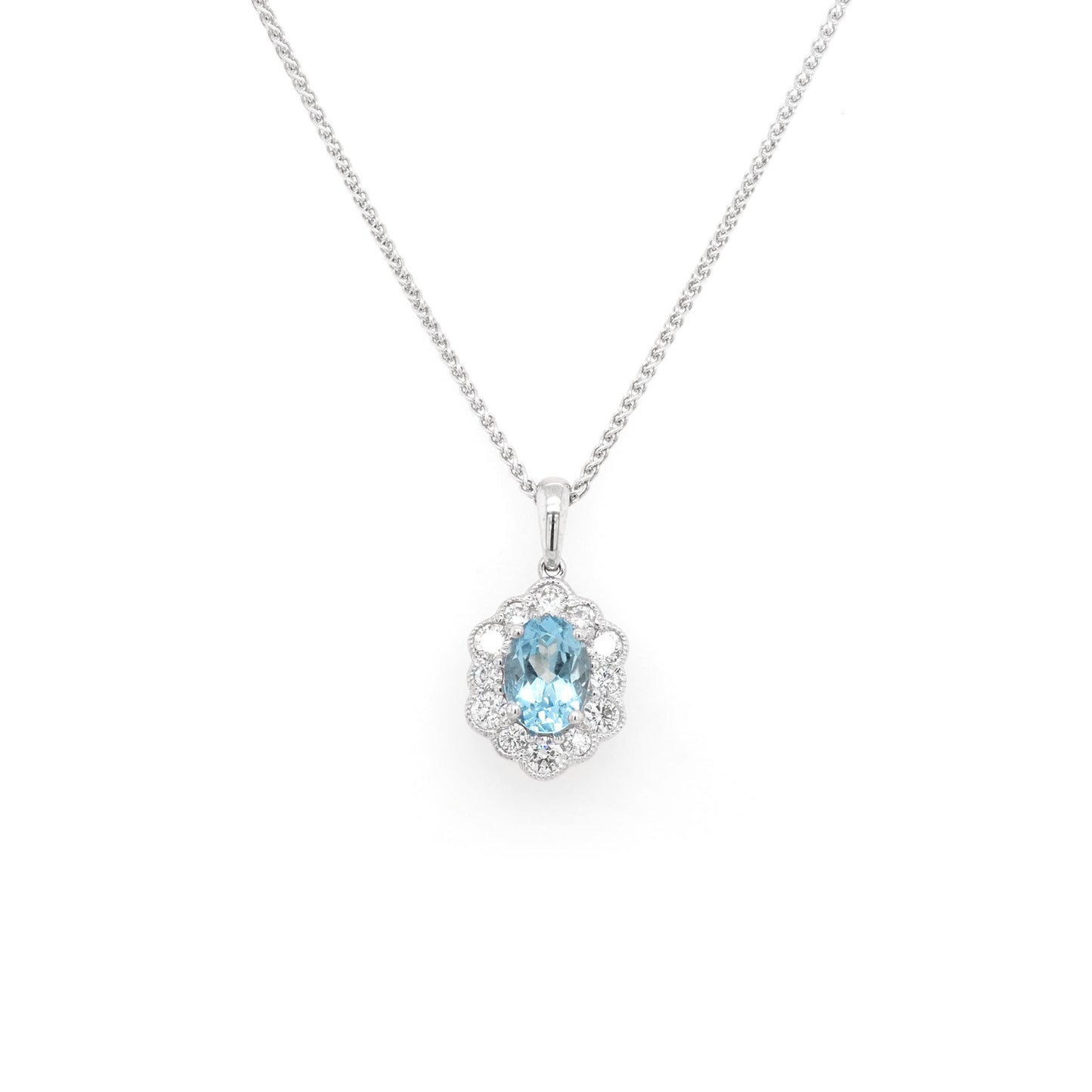 Jewellery 18ct White Gold Aquamarine and Diamond Hexagonal Cluster Pendant