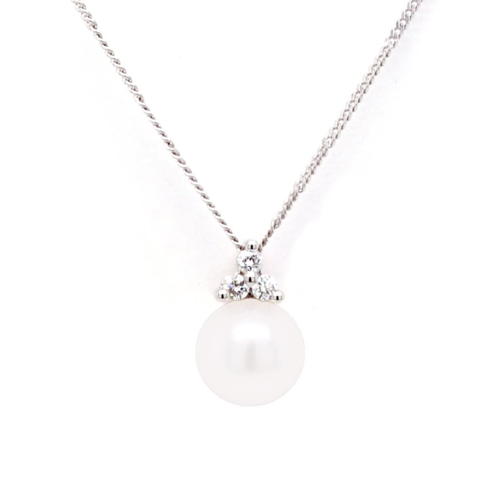 18ct White Gold, Cultured Pearl and Tri-Diamond Pendant on Chain