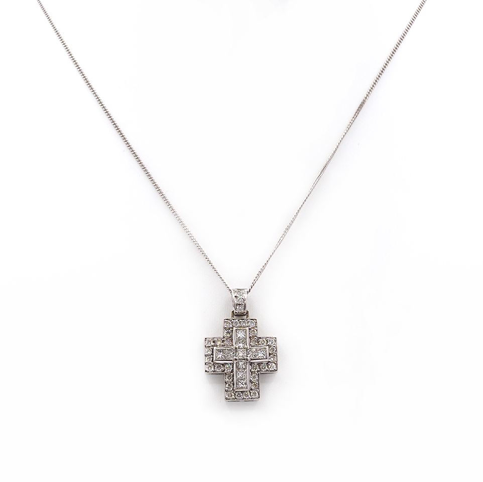 18ct White Gold Diamond Cross Pendant & Chain