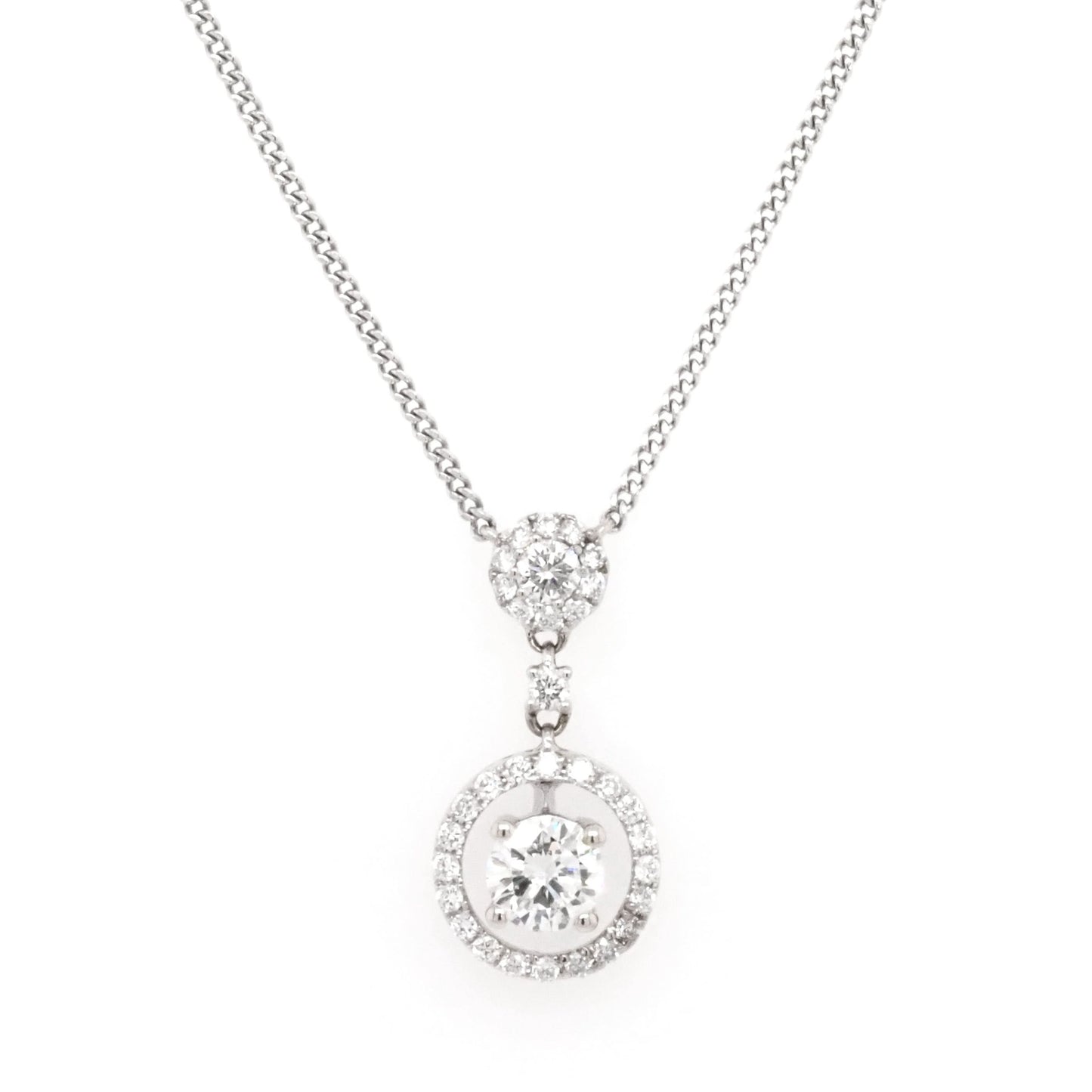 A white gold diamond double cluster drop pendant necklace, on an integrated chain