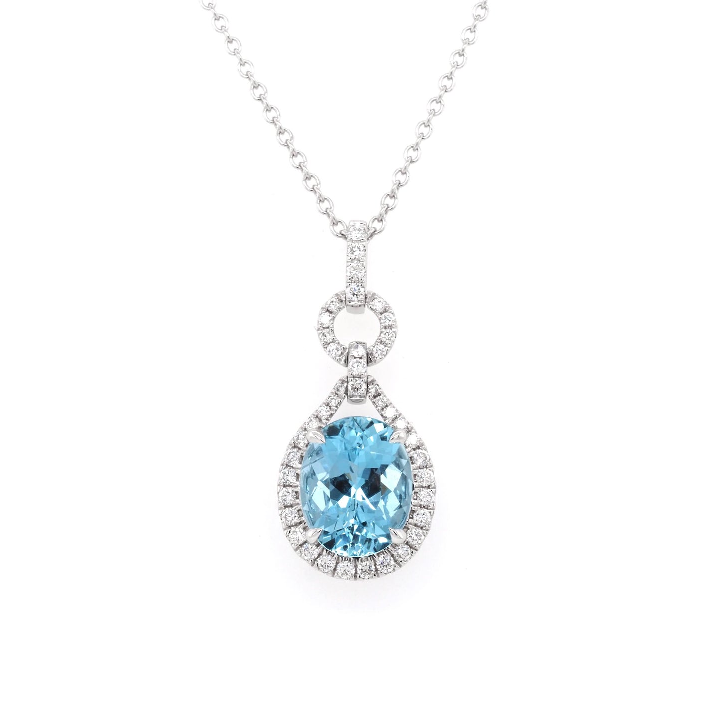 An aquamarine and diamond cluster drop pendant on a white gold chain