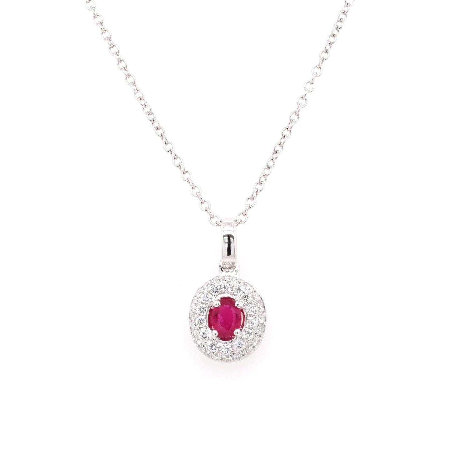 Jewellery 18ct White Gold Oval Ruby and Diamond Cluster Pendant