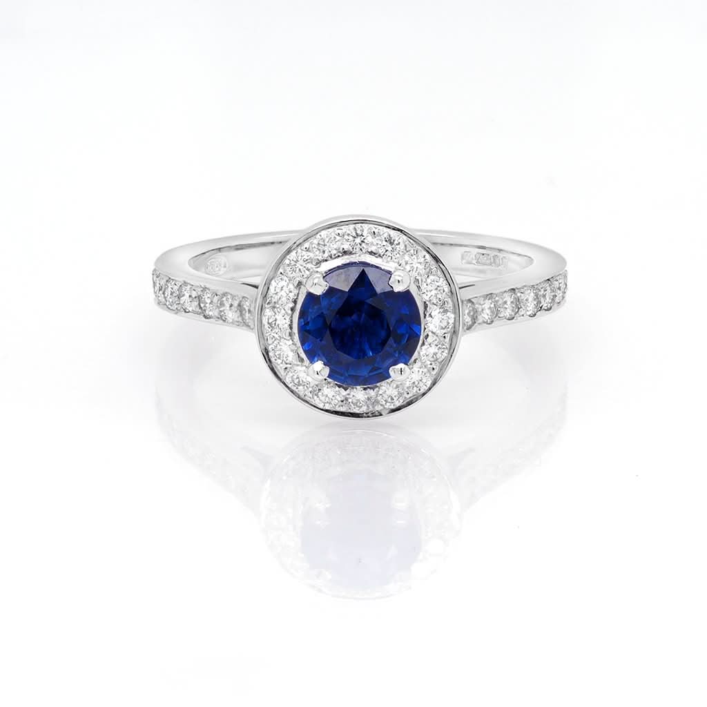 Jewellery 18ct White Gold, Sapphire and Diamond Cluster Ring With Diamond-Set Shoulders