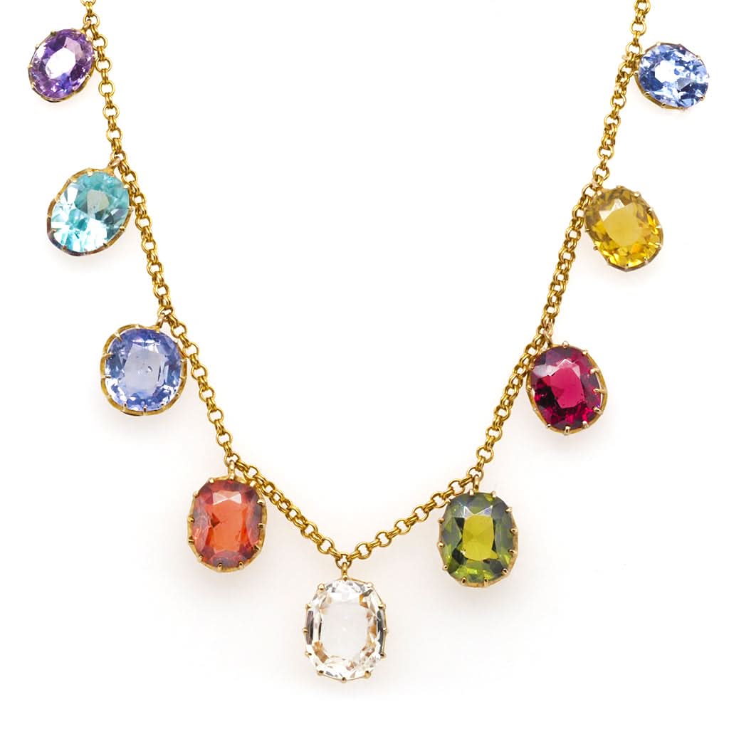 Jewellery 18ct Yellow Gold Chain Necklace Set with 9 Assorted Oval Gems of Different Colours