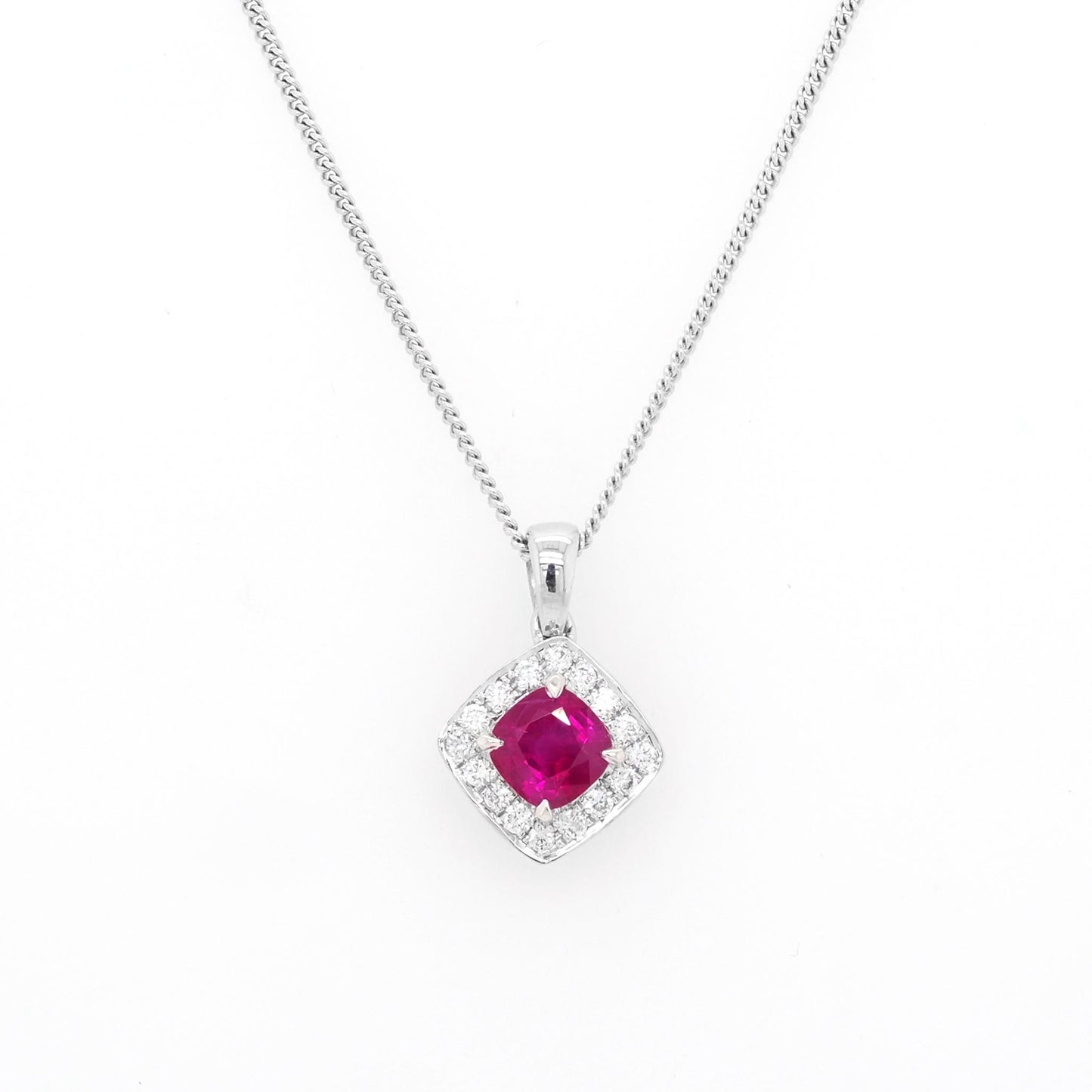 Jewellery An 18ct White Gold Square Cushion-Cut Ruby Cluster Pendant