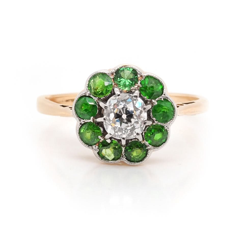 Jewellery Antique Demantoid Garnet and Old Cut Diamond Cluster Ring – Circa 1910